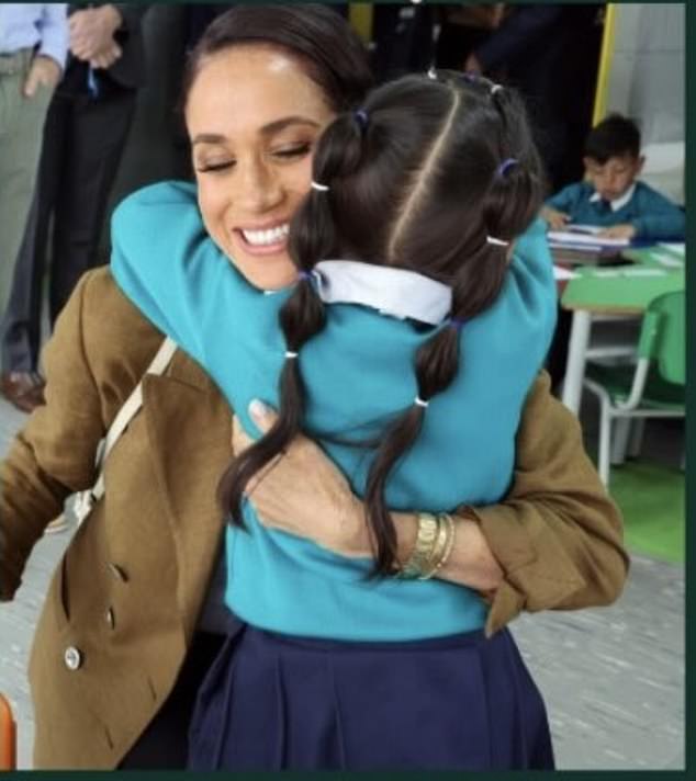 A photo of the Duchess of Sussex, Meghan, during a visit to a nursery school in Colombia