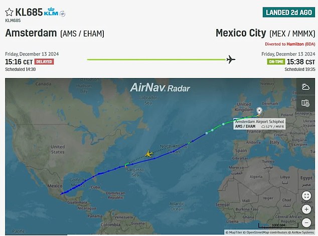 A flight tracker shows the journey of the KLM flight, which had to make an unplanned landing in Bermuda