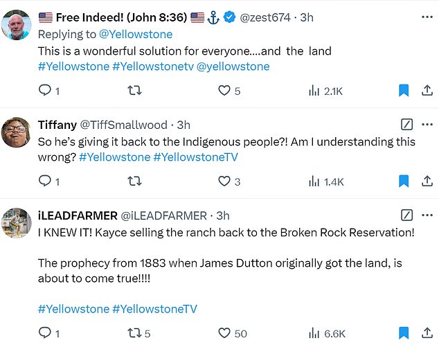 @zest674 said: 'This is a wonderful solution for everyone... and the country,' while Tiffany (@TiffSmallwood) said: 'So he's giving it back to the indigenous people?! Am I misunderstanding this? #Yellowstone #YellowstoneTV.”