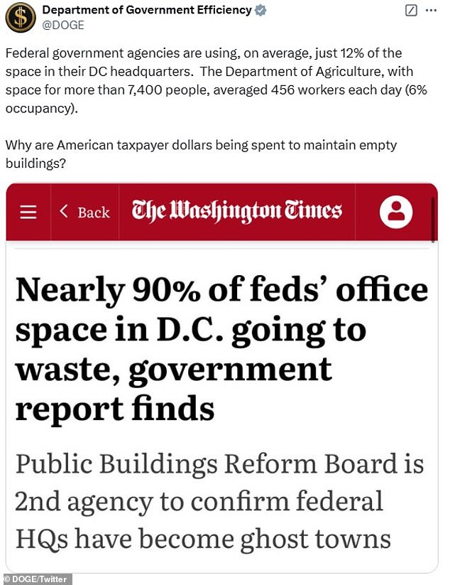 DOGE's X account reported on how 90 percent of federal office space is 'going to waste'