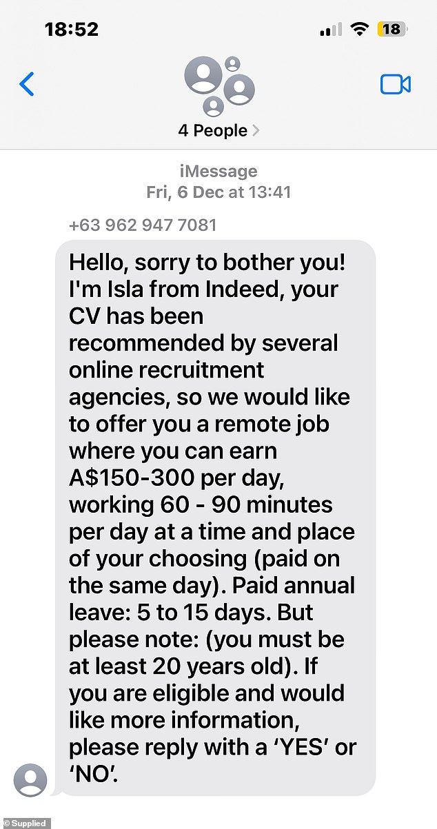 The text message from Isla from 'Indeed.com' (pictured) seemed legitimate to Ms Peters as she had just updated her work profile on the platform to say she was looking for WFH work to supplement her income