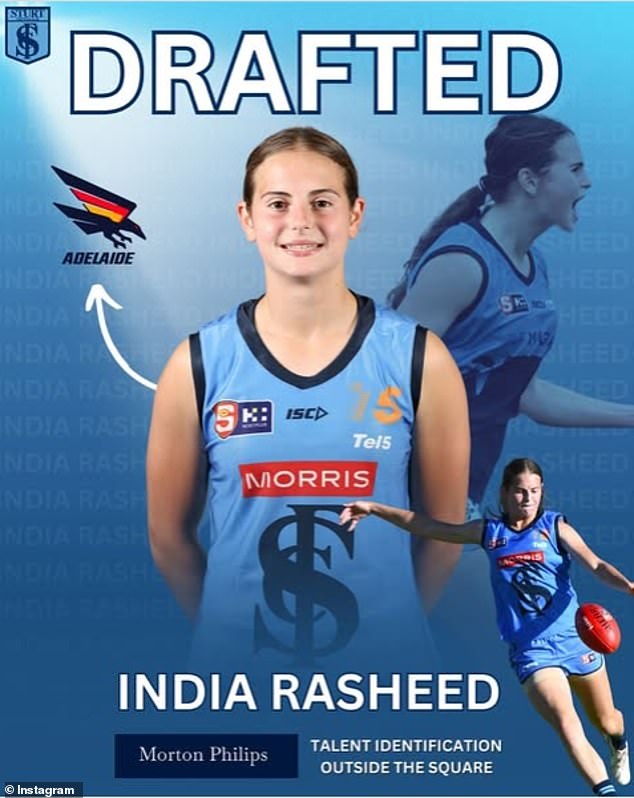 But before football fans question Rasheed's loyalty, he has a valid excuse for becoming a sporting turncoat: his daughter India has been drafted by the Crows in the 2024 AFLW draft as pick number 13 (pictured)