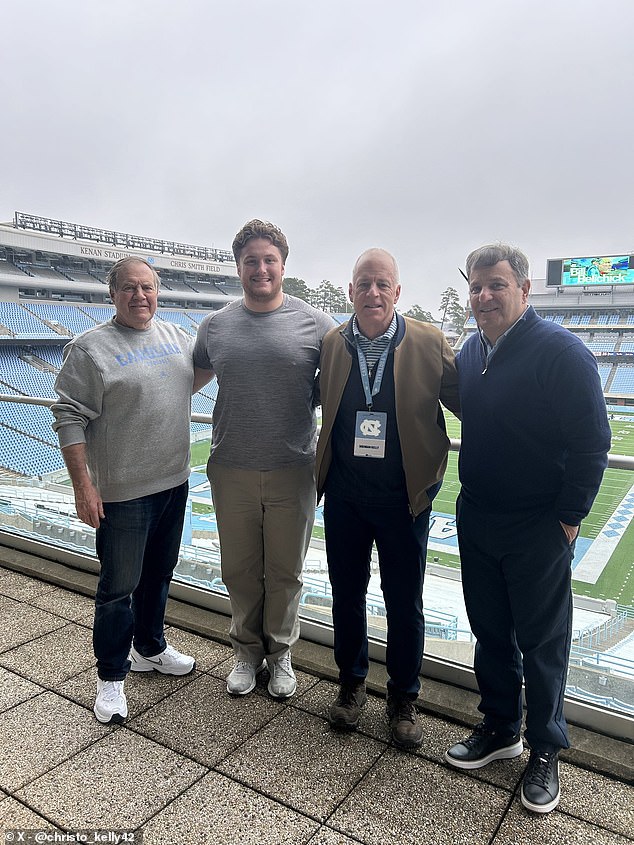 Belichick secured his first Transfer Portal coup on Monday when former Holy Cross offensive lineman Christo Kelly (second from left) committed to UNC