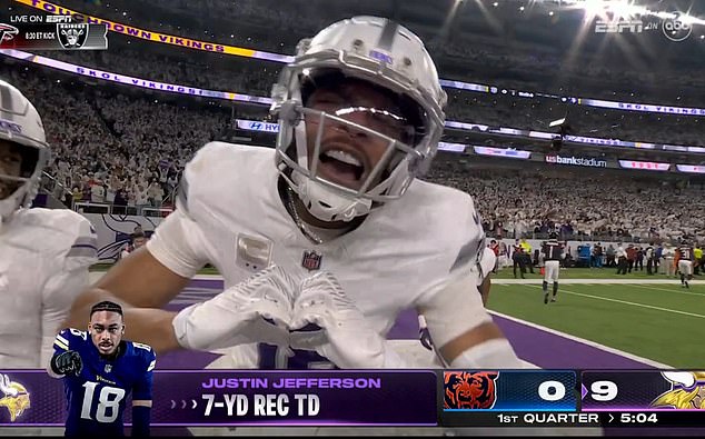 Vikings receiver Justin Jefferson threw up a heart sign and shouted, 