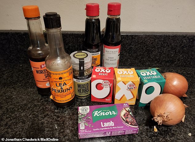 Cliff's recipe calls for eight stock cubes of four different flavors, two onions, mixed herbs, teriyaki sauce, soy sauce, Worcestershire sauce and boiling water