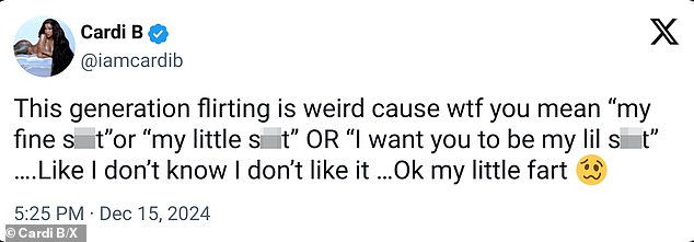 Cardi – who has 280.4 followers on social media – reflected via X on Sunday: 'This generation of flirting is weird'
