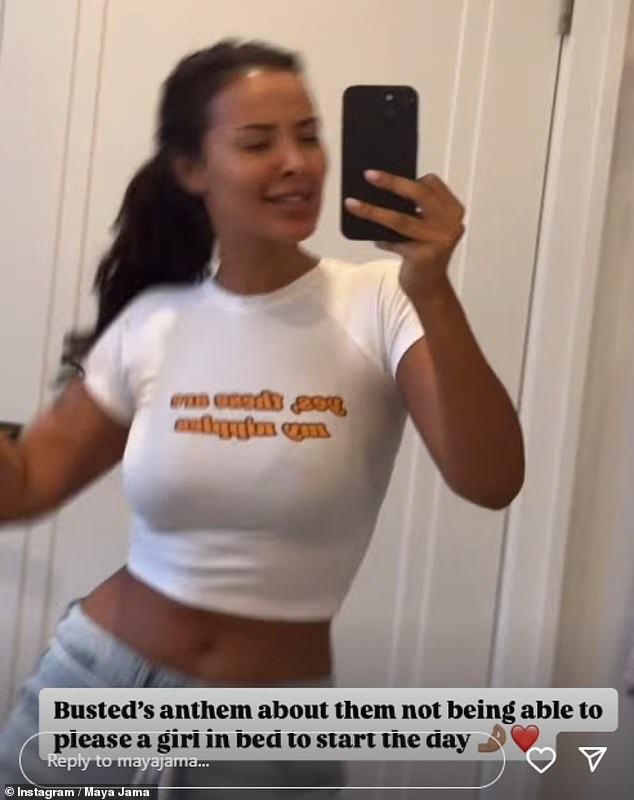 The presenter went braless in a form-fitting white crop top as she danced in her bathroom in the video, which she shared on Instagram Stories on Tuesday