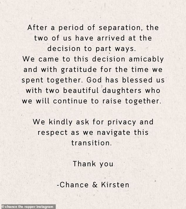 The filing comes months after Chance and Kristen announced their intention to divorce after a 'period of separation'