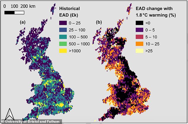 Rising sea levels will bring a much greater risk of coastal flooding. A previous study has found that large parts of the UK coastline are at risk of being flooded by 2100. This map shows the areas where the current annual costs of flood damage (left) are expected to increase over the next 80 years (right)