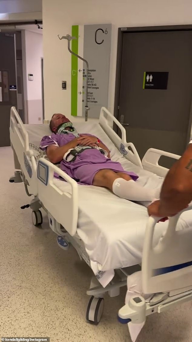 The ex-Channel Seven star, 32, revealed on Tuesday that Tim (pictured in hospital) was seriously injured after being dumped by a wave at Burleigh Beach in Queensland