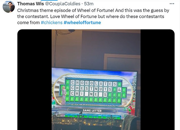 @CouplaColdies shared a video of the missolve, adding: 'Christmas themed episode of Wheel of Fortune! And this was the contestant's guess.”