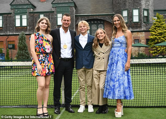 Newport, Rhode Island: Mia Hewitt (L) pictured with her parents Lleyton and Bec Hewitt and siblings Cruz and Ava during the 2022 Tennis International Hall of Fame induction