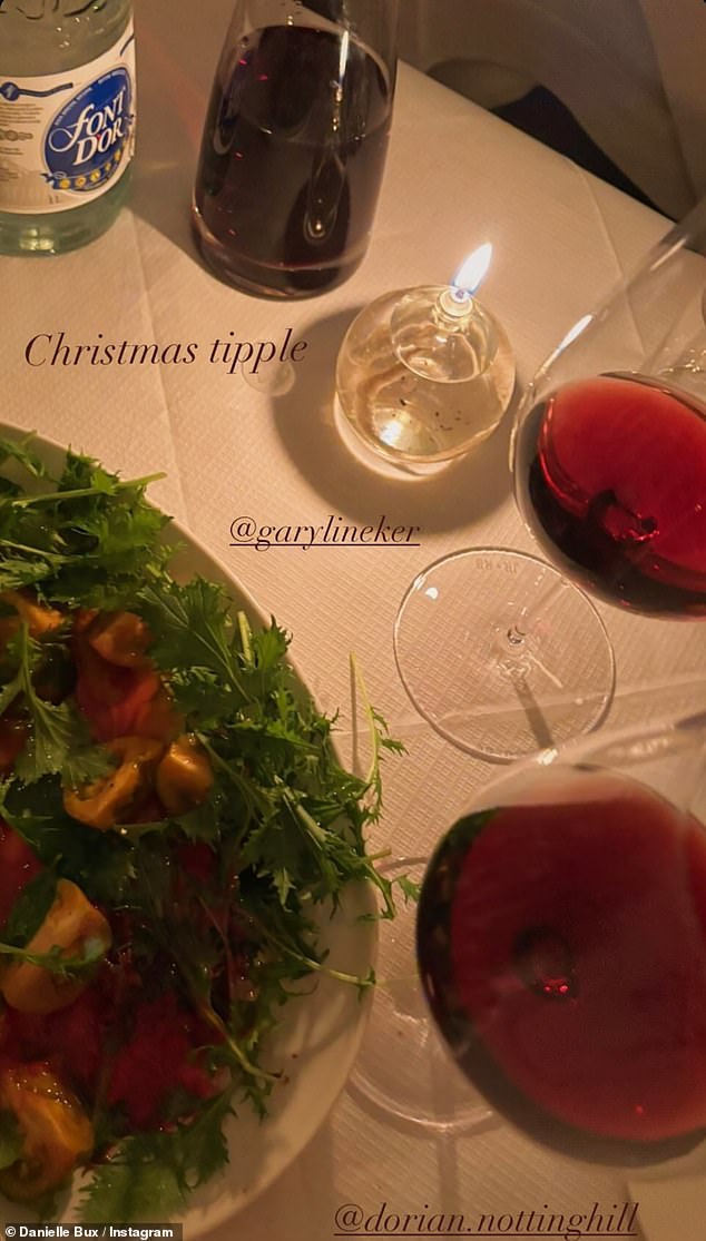 The Welsh actress showed off their table set with salad and wine, tagging Gary and writing 'Christmas drink'