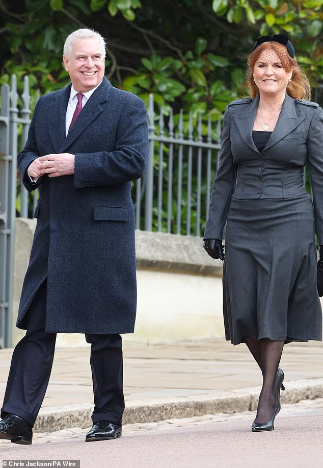 Prince Andrew and Sarah, Duchess of York attend a service of thanksgiving for the life of King Constantine of the Hellenes at St George's Chapel at Windsor Castle on February 27, 2024