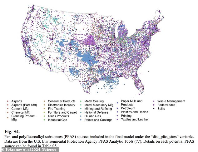 A 2024 study identified the potential different sources of a number of different types of PFAS chemicals from manufacturing facilities. Each different colored dot corresponds to a different potential type of industry