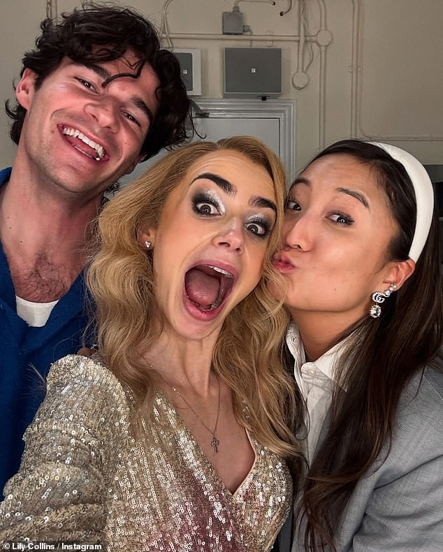 The actresses were joined by co-star and Ashley's boyfriend Paul Forman, 30, who plays Nicolas de Leon in the Netflix show, as they posed for a selfie backstage with Lily