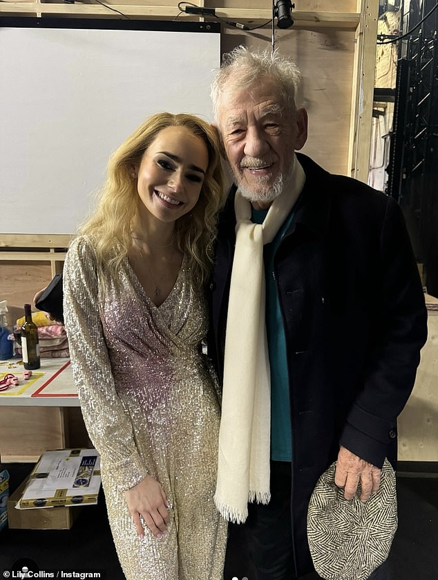 Beaming Lily Collins, 35, posed backstage alongside Ian McKellen, 85, as the acting legend showed support during her West End debut in Barcelona