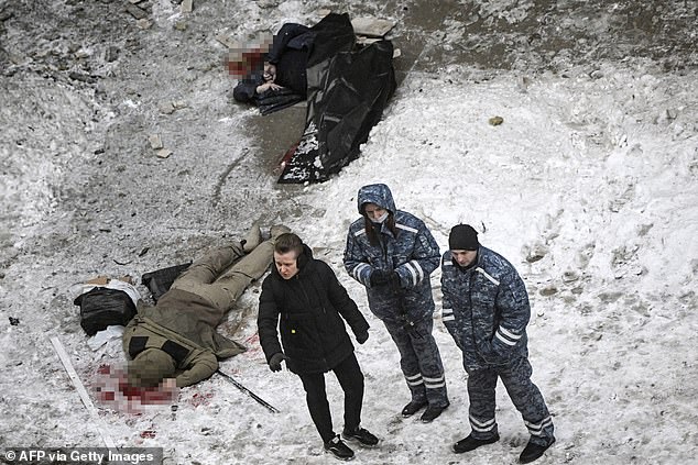 Bodies are seen at the site of the blast, which killed the commander of the Russian Armed Forces' Chemical, Biological and Radiation Defense Forces, Igor Kirillov, and his assistant.