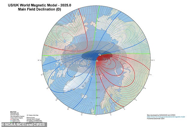 This image shows the latest update to the World Magnetic Model, released every five years to calculate the difference between true north and magnetic north at any location on the planet