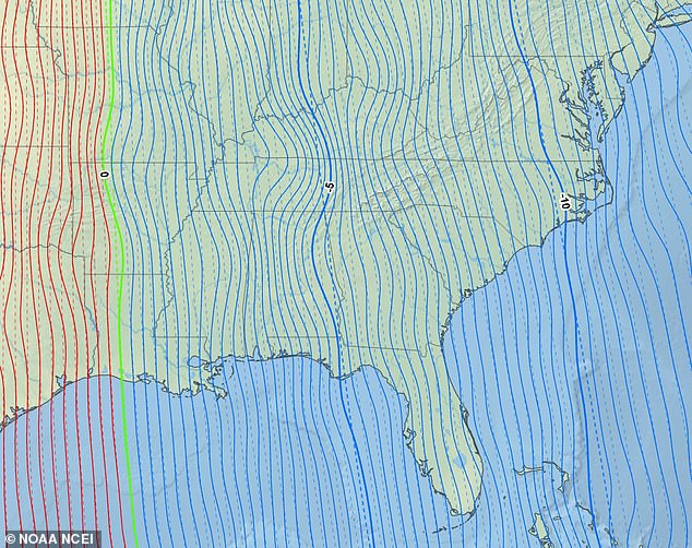 Geological features also cause disturbances to the Earth's magnetic field. On this map you can see the great distance across the Appalachians. This makes a model of the field essential for navigation