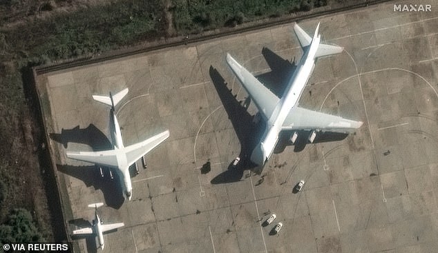 An An-124 heavy transport aircraft with its nose cone raised last Friday at the Russian airbase Hmeimim, near Latakia, Syria