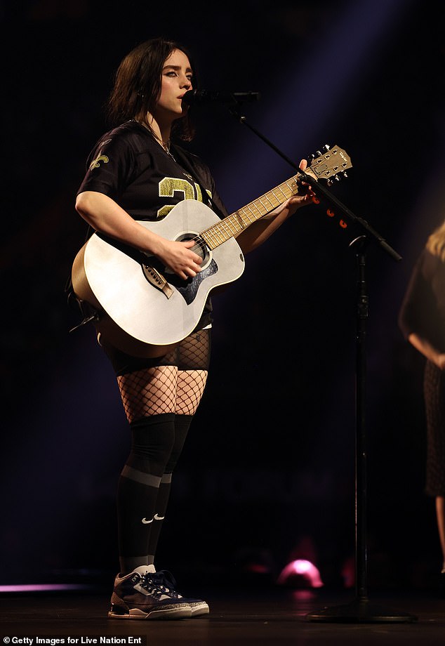 Billie pictured on stage in California. The singer performed several nights at The Kia Forum for her Hit Me Hard And Soft: The Tour