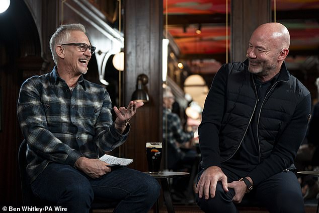 The football pundit joined his co-presenters Alan Shearer (pictured) and David Moyes to film an episode of their popular podcast in Mayfair, London