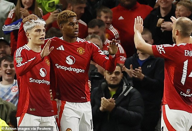 Alejandro Garnacho (left) and Rashford (centre) were both left out in the win against Man City