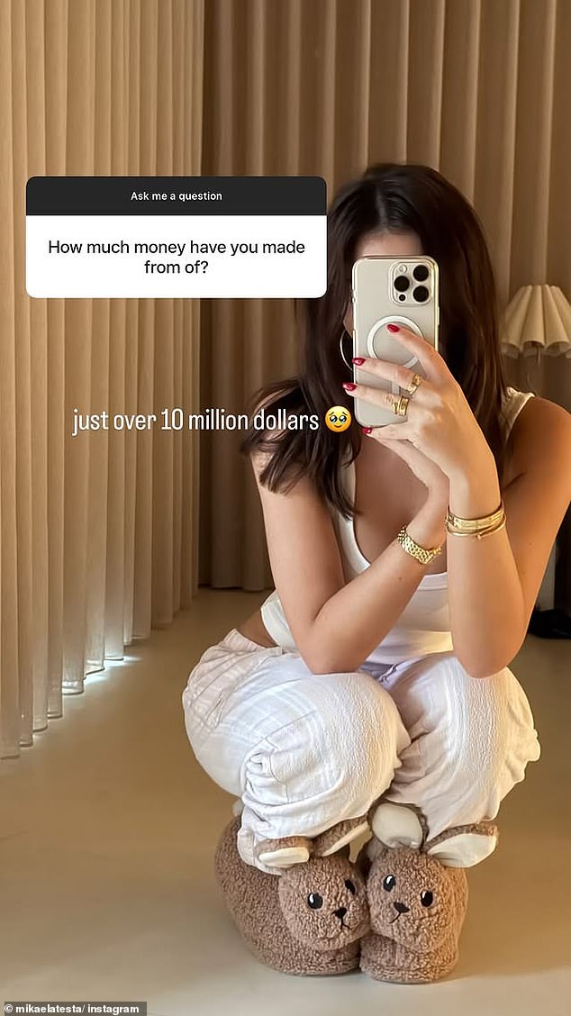 While sharing photos of herself in her incredibly palatial home, the content creator was asked how much she has made from making videos on the adult subscription platform. Above a photo of herself hunkered down in pajamas and fluffy bunny slippers, the influencer replied, 