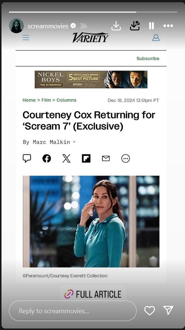 Scream Movies' official Instagram account confirmed the news via their story by re-sharing the article and including a link