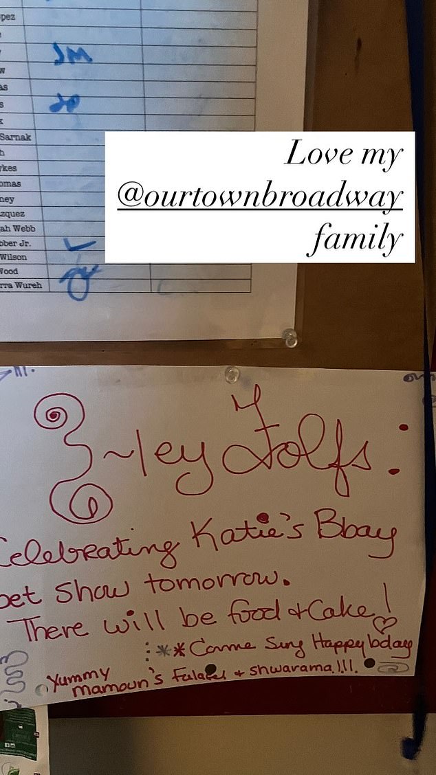 Katie also shared that her Our Town staff had united to celebrate her birthday backstage at the Barrymore Theatre