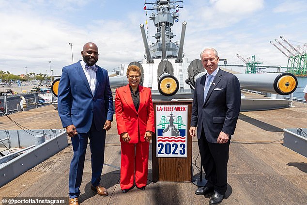 Mayor Karen Bass' office confirmed Wednesday that the FBI raided Williams' home. They are seen along with Gene Seroka, Executive Director of the Port of Los Angeles (right), aboard the battleship USS Iowa to officially announce the start of LA Fleet Week in 2023.