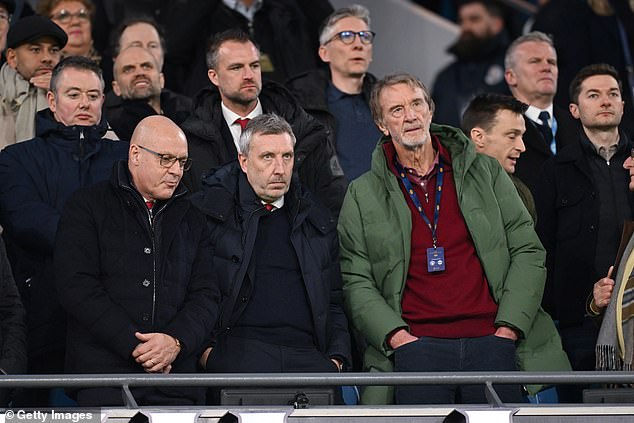 Selling the 27-year-old could help United comply with Premier League PSR rules (Pictured left to right: United chiefs Dave Brailsford, Jason Wilcox and Sir Jim Ratcliffe)