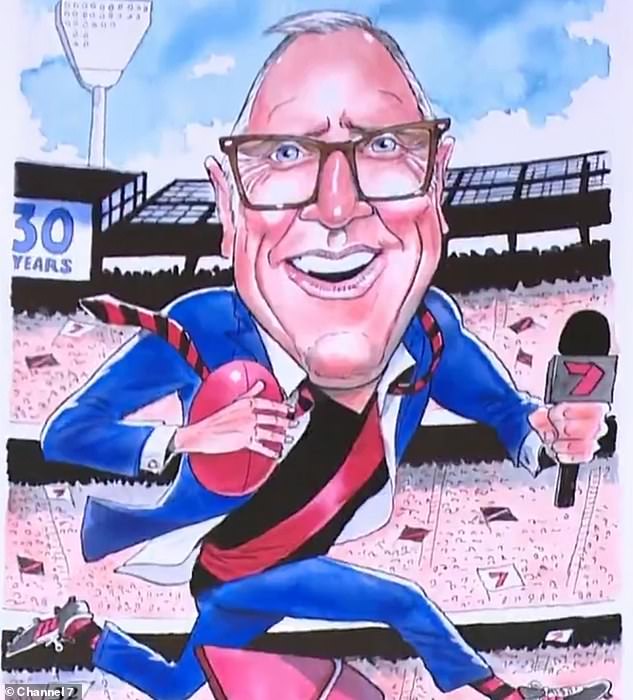 His co-anchors presented him with a caricature drawn by illustrator Mark Knight, showing him wearing an Essendon jersey, running with a foot and a microphone.