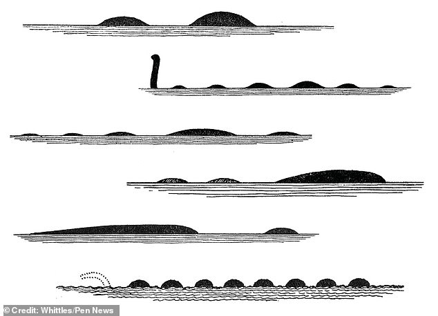 Sketches by various witnesses of their respective sightings of the Loch Ness Monster, published by Nessie researcher Rupert Gould in 1934