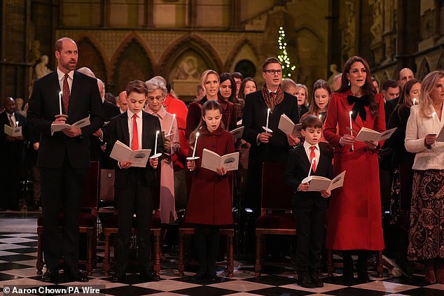 The Prince of Wales, Prince George, Princess Charlotte, Prince Louis and the Princess of Wales during the Together At Christmas carol service