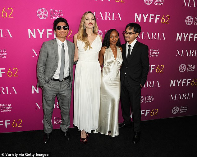 Pax Jolie-Pitt, Angelina Jolie, Zahara Jolie and Maddox Jolie-Pitt at the red carpet premiere of "Mary" during the 62nd New York Film Festival held at Alice Tully Hall on September 29, 2024