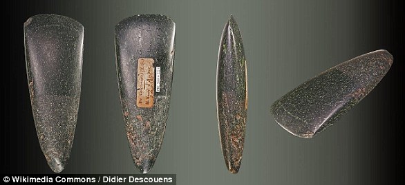 The Stone Age is a period in human prehistory distinguished by the original development of stone tools and comprising more than 95 percent of human technological prehistory. This image shows Neolithic jadeite axes from the Museum of Toulouse