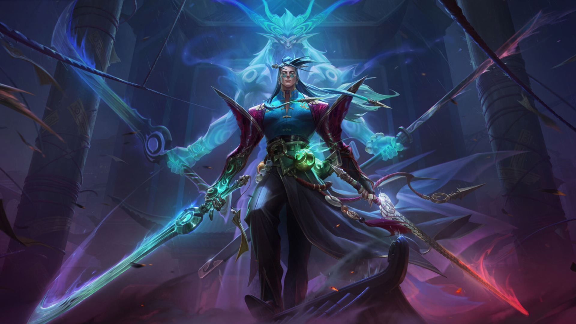 Splash art for Fiend Queller Yone, showing an Asian man with wavy hair and an elaborate outfit with two swords. A ghostly version of the same man with demonic features looms menacingly in the background.