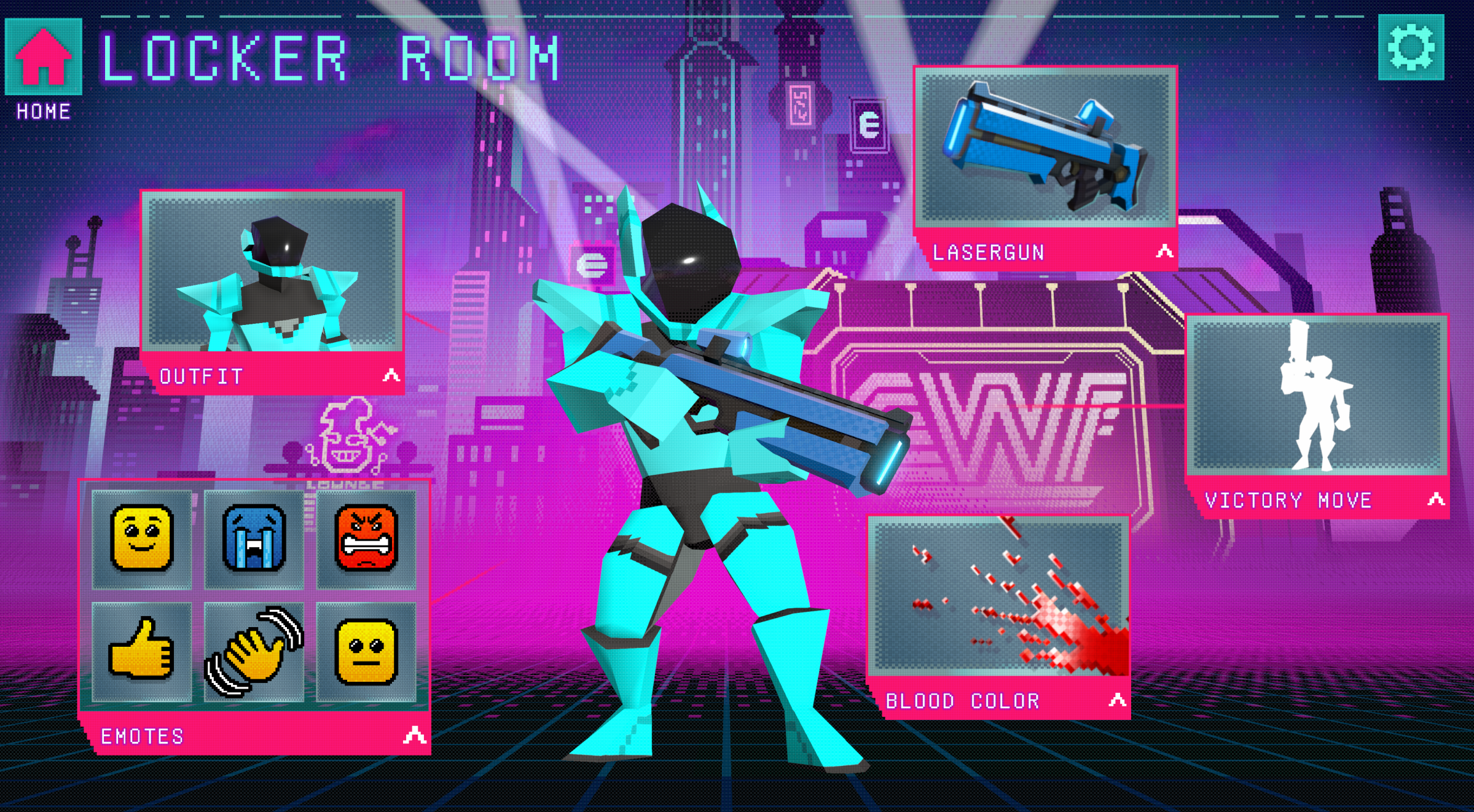 A screenshot of Captain Laserhawk: The GAME showing a UI screen called 'The Locker Room' where you can select your character's outfit, fun, victory move, and blood color