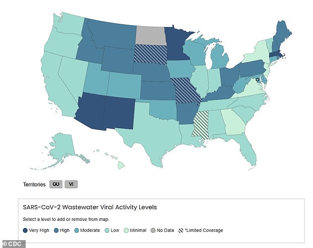 The above map from the CDC shows Covid wastewater activity levels by state. Missouri and South Dakota had the most activity