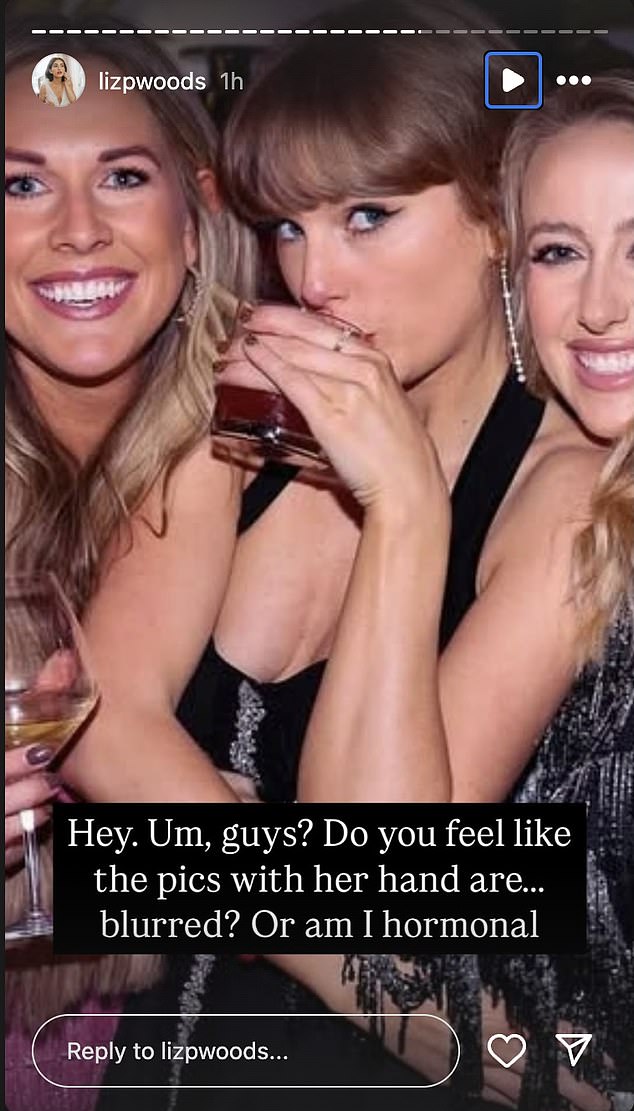 After taking a closer look at the party photos, one fan, who visits @lizpwoods on Instagram, noticed that Swift's left ring finger appeared blurry where a ring would be