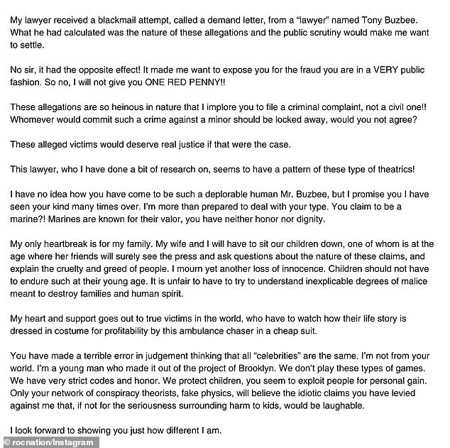 Jay-Z – real name Shawn Carter – was named in a civil lawsuit accusing him of raping a 13-year-old along with Combs in 2000. He released a statement denying the claims.