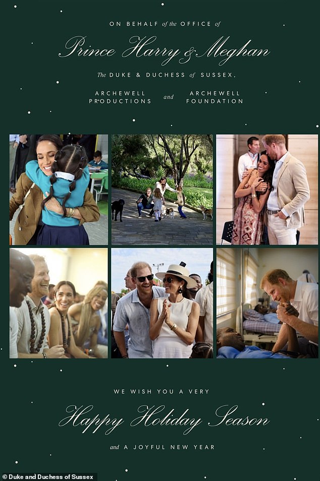 The card, sent by email, features six images with the message: 'On behalf of the Office of Prince Harry and Meghan, The Duke and Duchess of Sussex, Archewell Productions and Archewell Foundation, we wish you a very Happy Holidays. and a joyful new year'