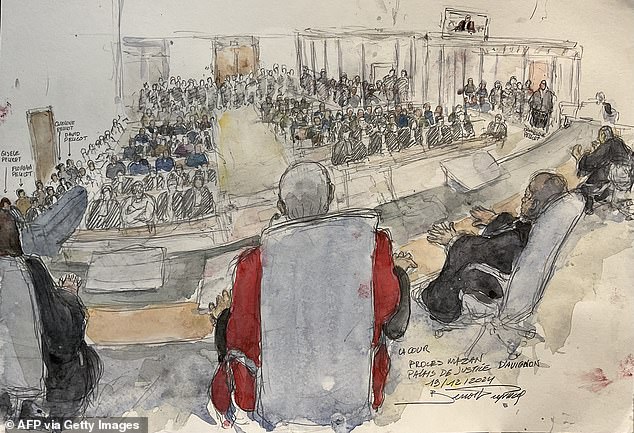 This court sketch taken on December 19, 2024 in Avignon shows the court during the hearing of the court ruling that sentenced Dominique Pelicot to the maximum prison sentence of 20 years