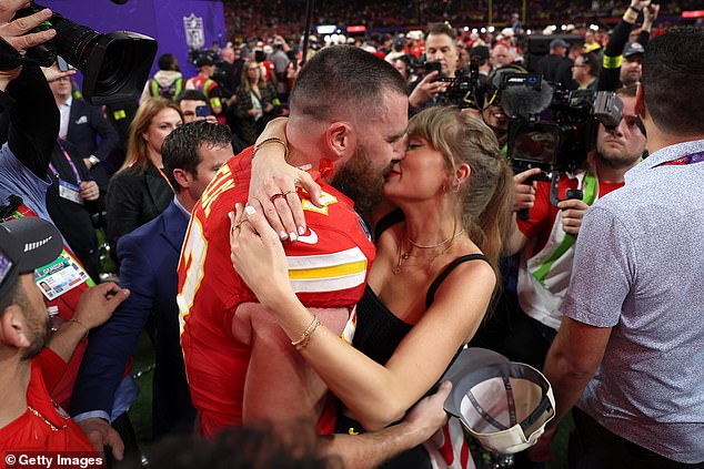 Swift and Kelce share a kiss after he won Super Bowl LVIII at Allegiant Stadium in Las Vegas earlier this year