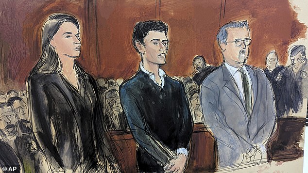 Luigi Mangione, center, is flanked by his attorneys Karen Agnifilo, left, and Marc Agnifilo, right, during his first court appearance in Manhattan