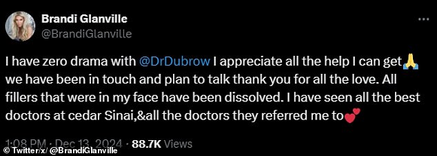 Also on Friday, Brandi shut down any rumors that both she and Dubrow were feuding after he expressed concern about her face.