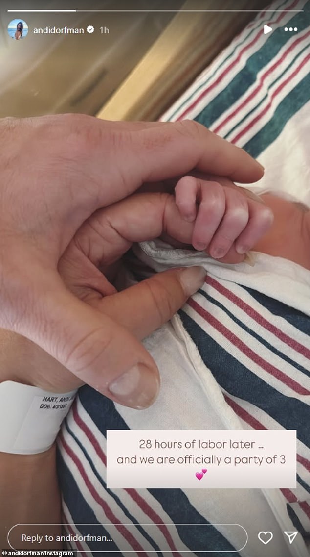 Dorfman, 37, revealed on Instagram that she gave birth to their healthy newborn daughter after a long labor. Alongside a photo of their daughter's fingers wrapped around her index finger and her husband's hand next to theirs, she wrote: 