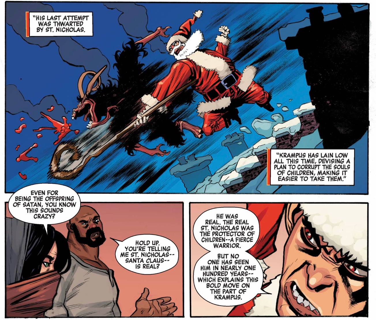 'Are you telling me that Sinterklaas – Santa Claus – is real?' asks Luke Cage, after learning that St. Nicholas thwarted the Krampus a hundred years ago in Power Man and Iron Fist: Sweet Christmas #1, Marvel Comics (2016). 